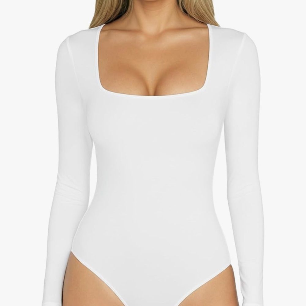 MANGOPOP Women's Square Neck Short Sleeve Long Sleeve Bodysuit White